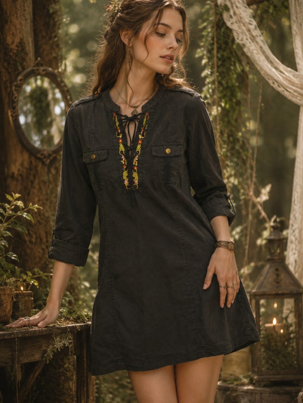 Chelsea & Theodore Black Lace Up Tunic Dress Womens M Boho Fairy/Cottagecore
